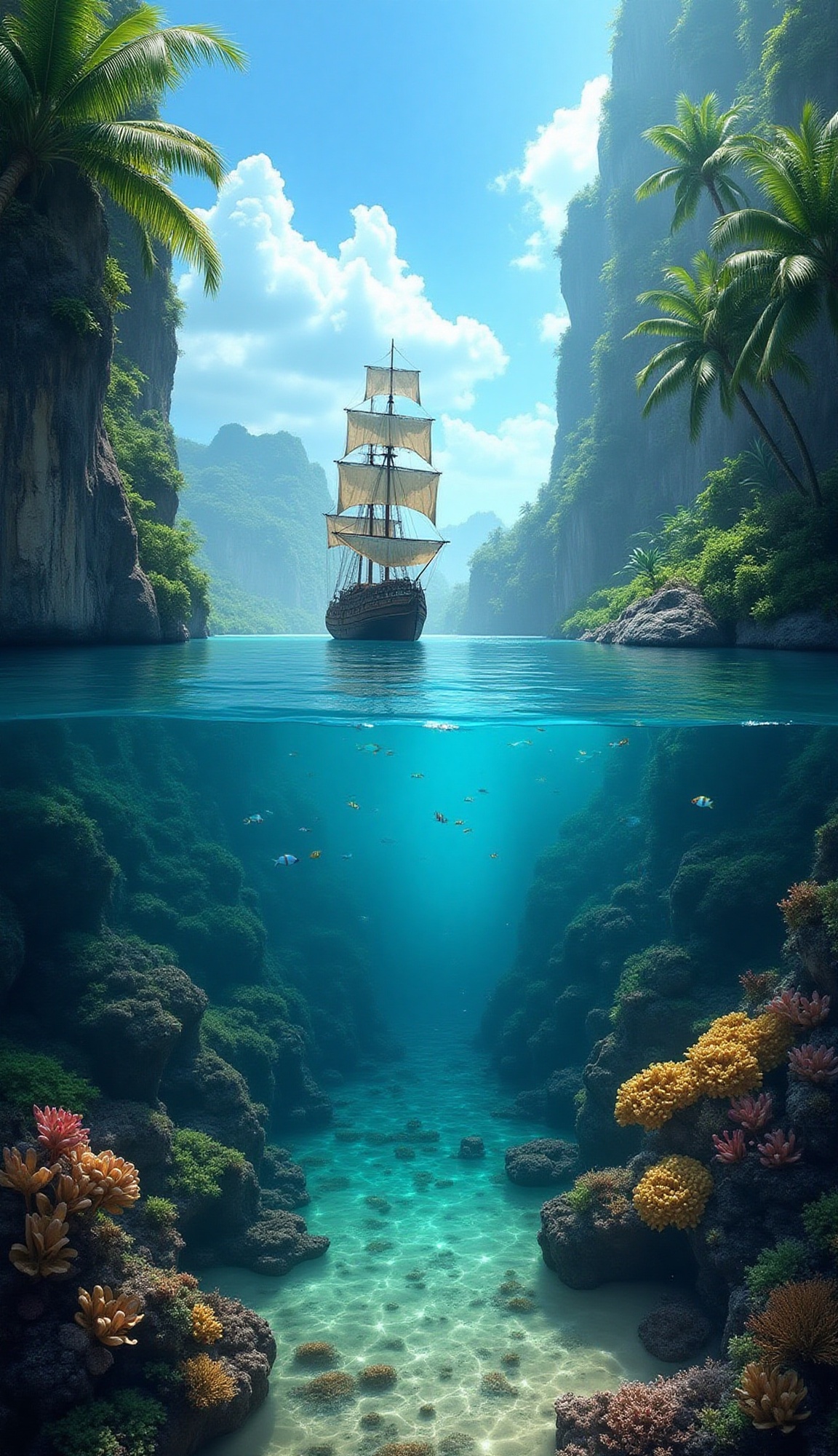 A breathtaking hyperrealistic digital painting depicting a split view of a tropical lagoon. Above the waterline,  a weathe...