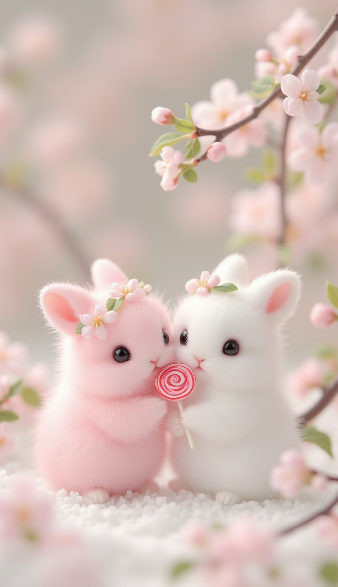 Two adorable,  fluffy baby rabbits,  one predominantly soft pink and the other pure white on Tensor.Art