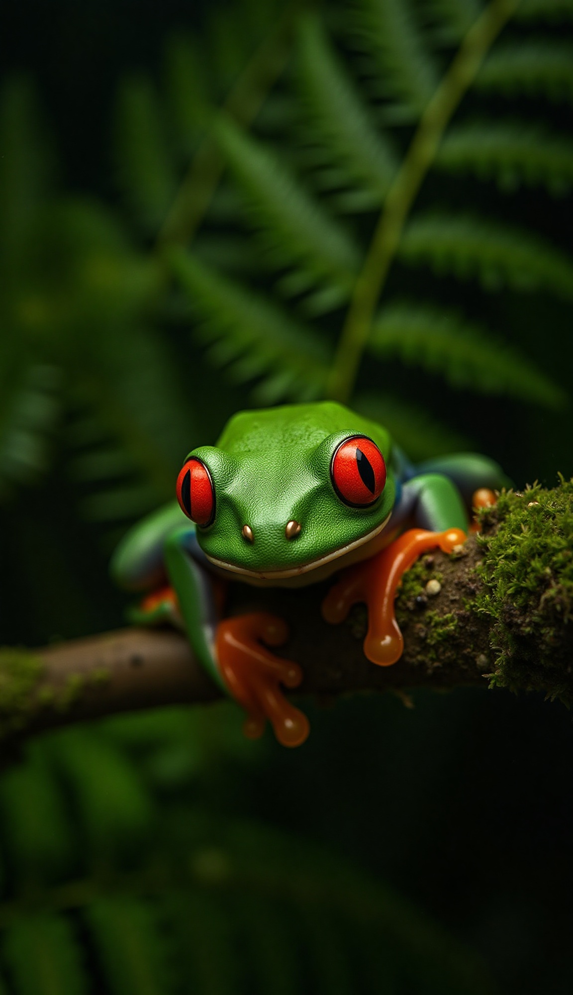 Highly detailed close-up of a vibrant green frog with large,  striking red eyes and bright orange toes,  perched on a moss...