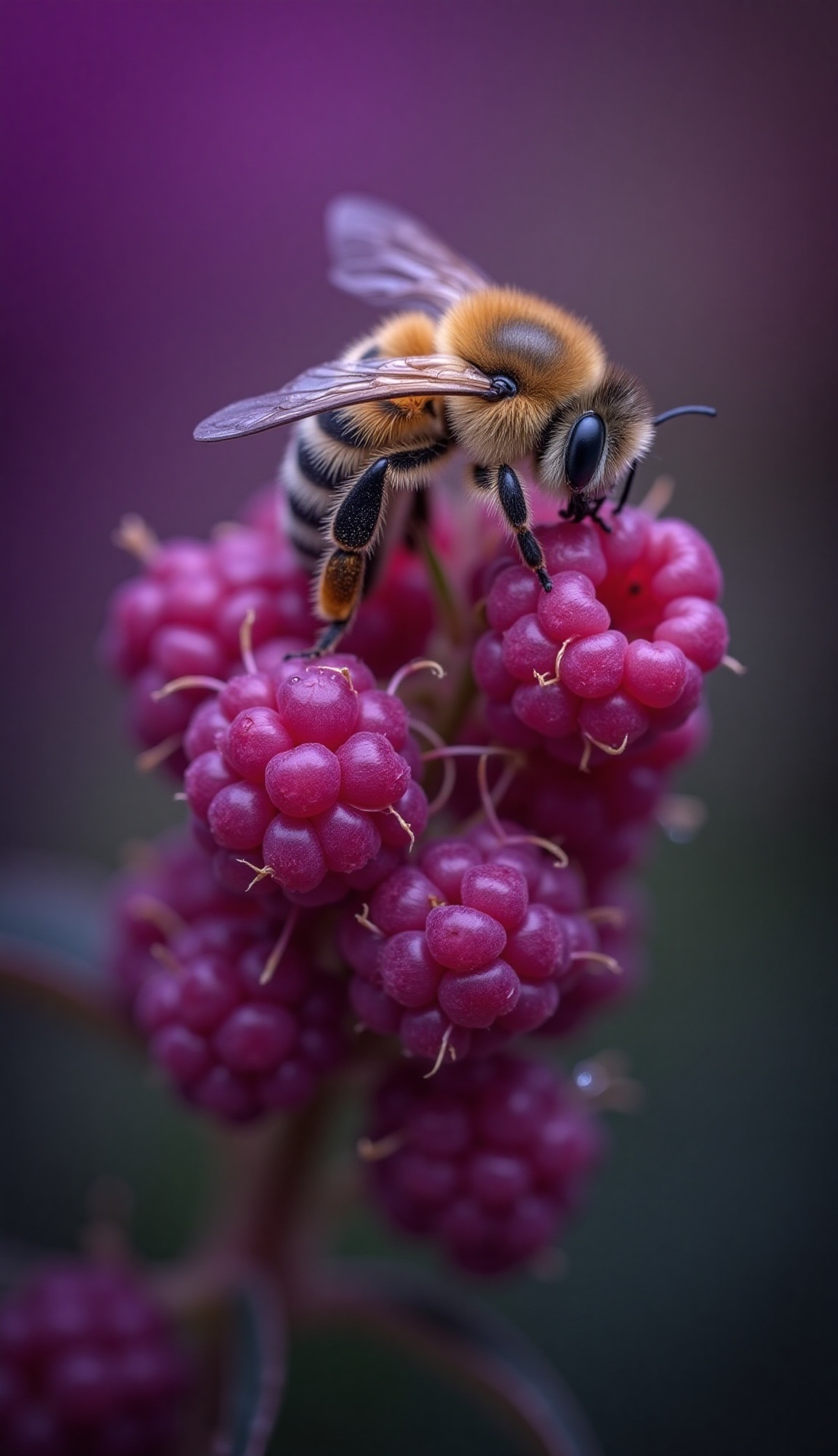 vivid macro photograph of a fuzzy honeybee with detailed wings and segmented body,  collecting nectar from vibrant purple...