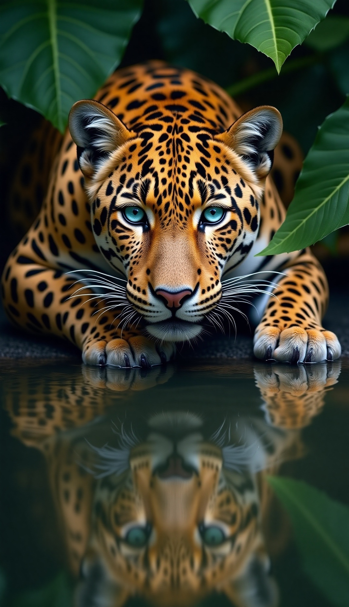 Hyperrealistic close-up of a jaguar with striking,  intense blue eyes,  its spotted fur in detailed shades of gold on Tens...