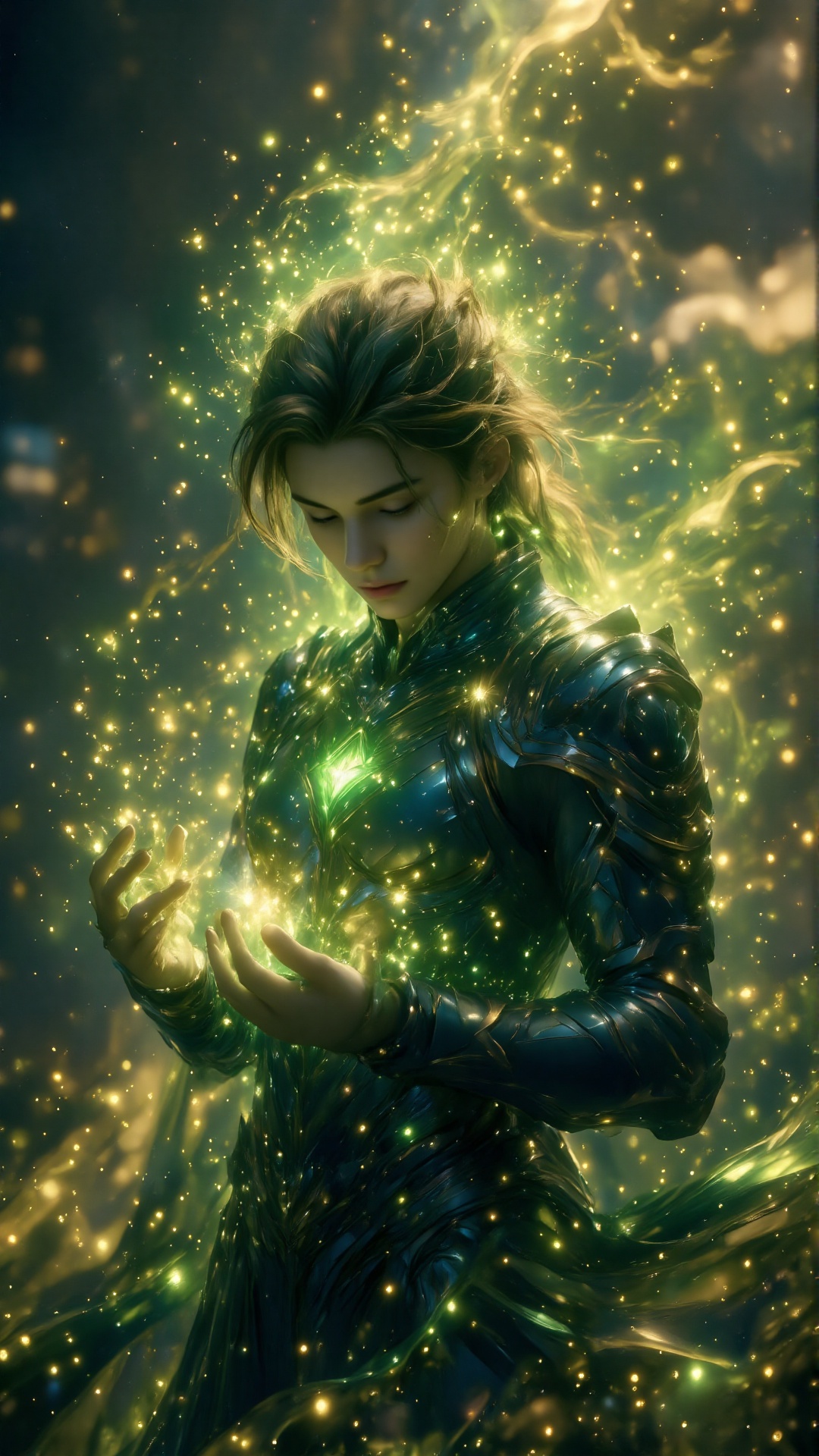 Create a cinematic ultra-HD portrait of a **mysterious,  dark figure resembling a god of mischief** enveloped in swirling,...