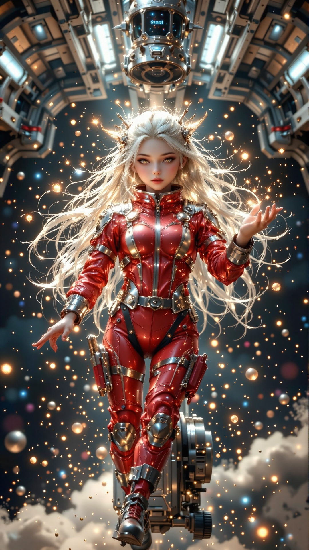 A lifelike fantasy illustration: a young Asian woman,  she is an astronaut,  wearing a red space suit with many complex ac...