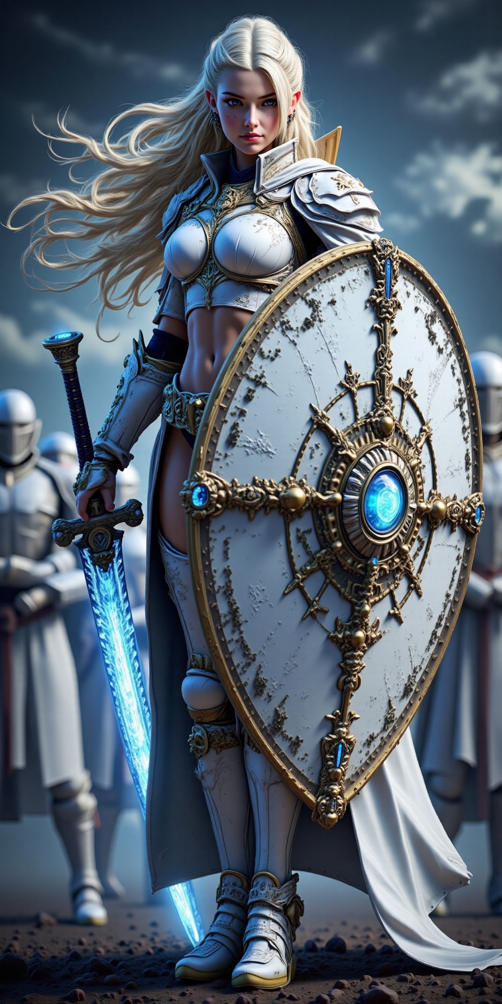 A powerful alien female warrior stands confidently,  her platinum blonde hair flowing like a river of gold in the windless...
