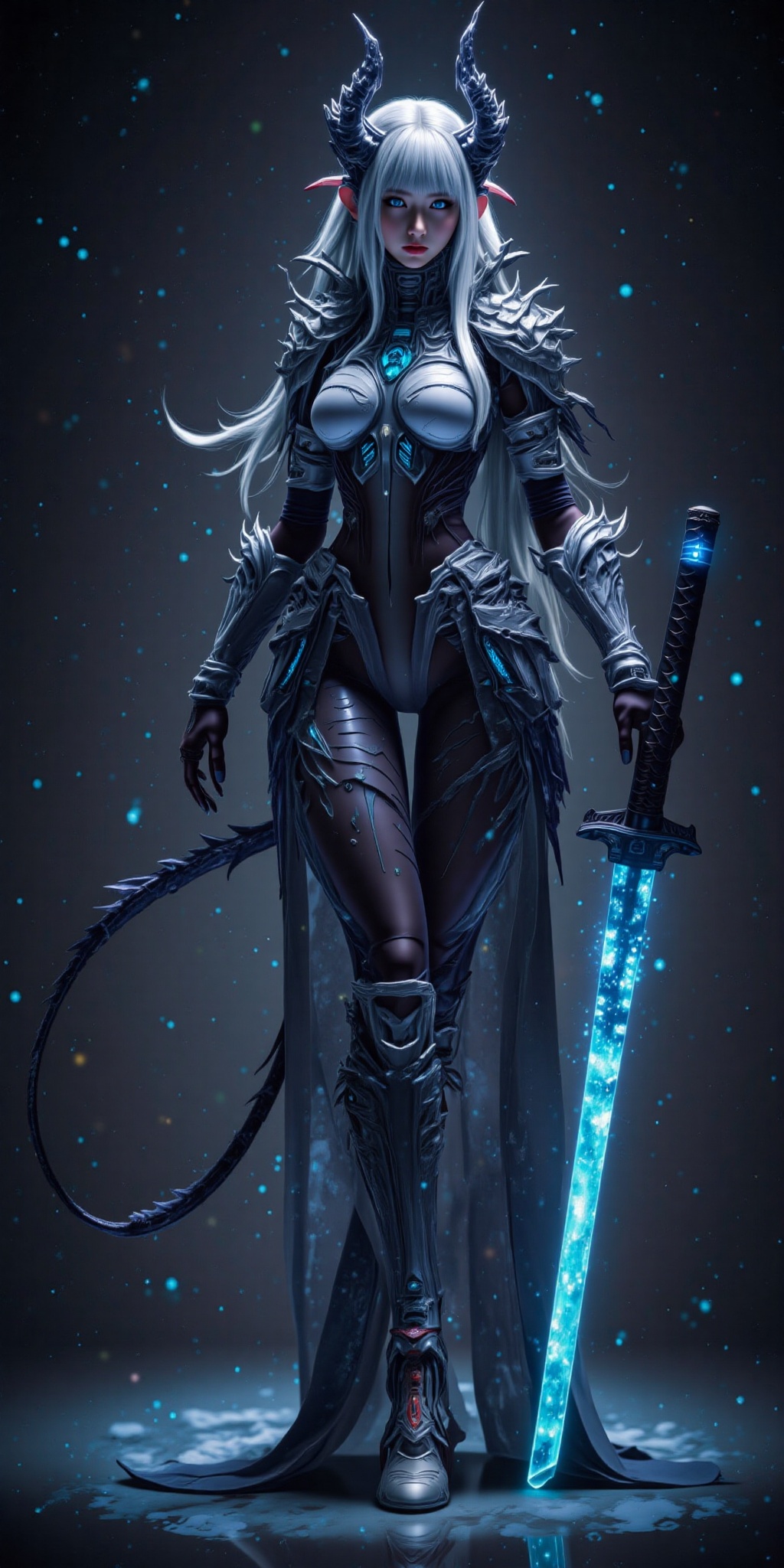digital art of a female warrior with long silver hair and glowing blue eyes. She wears a black and silver futuristic armor...