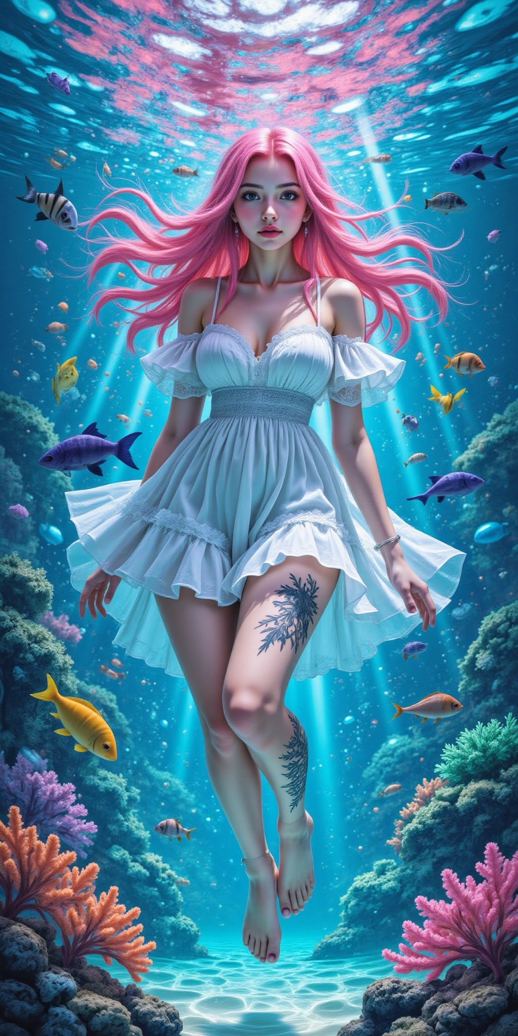 A digital illustration of a beautiful woman with long pink hair wearing a flowing white dress floating underwater. She has...