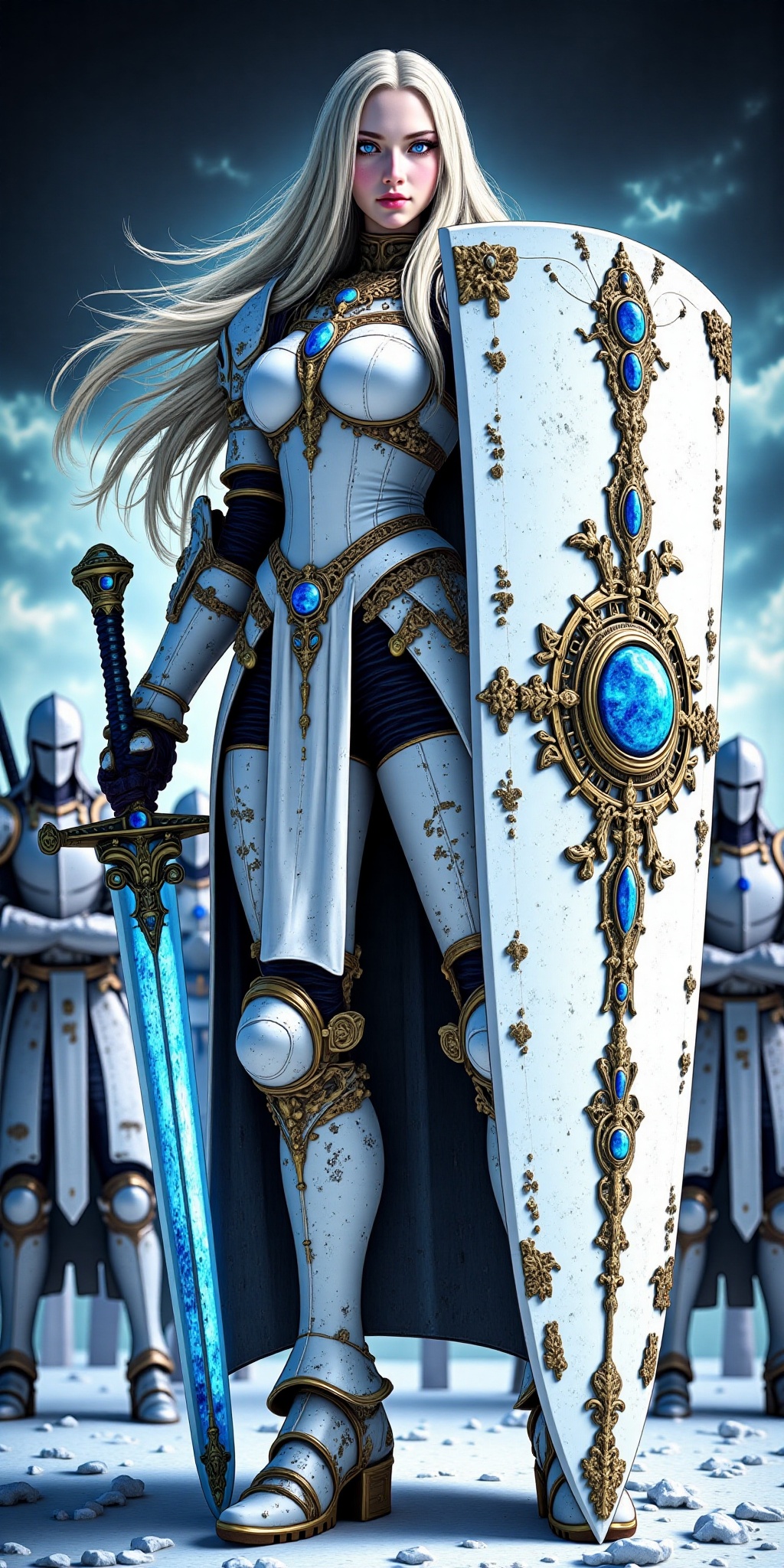 illustration of a powerful cyberpunk female warrior in medieval armor standing confidently with a large shield emblazoned...