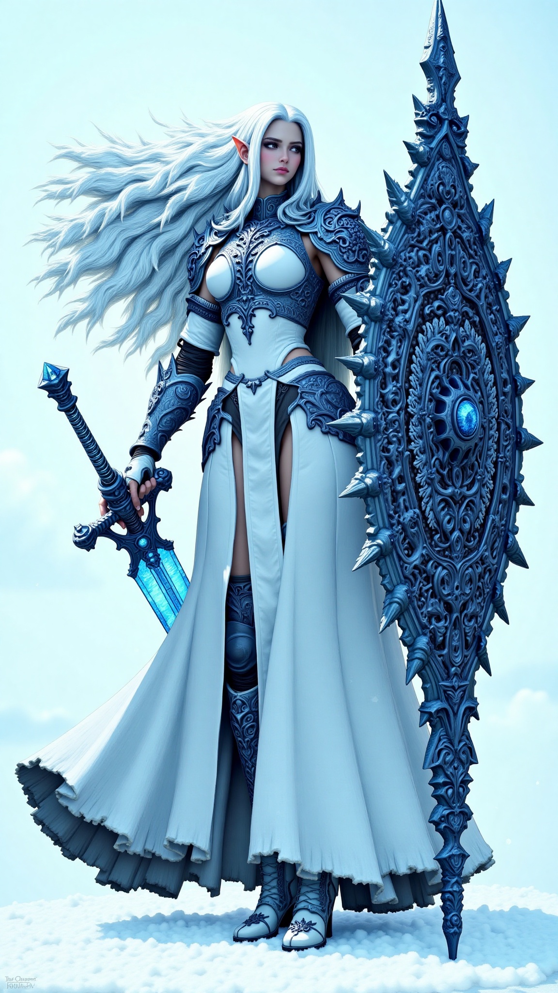A digital painting of a fantasy warrior woman with long flowing white hair clad in ornate silver armor with intricate desi...