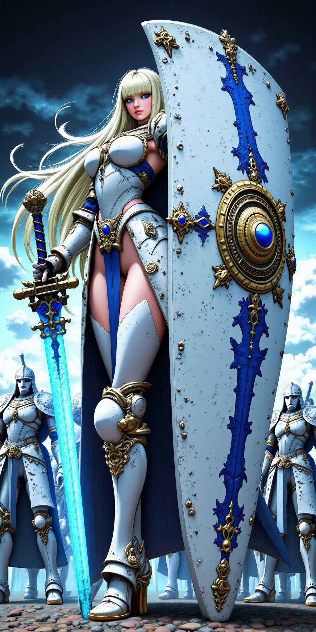 Anime-style illustration of a powerful female warrior in medieval armor standing confidently with a large shield emblazone...