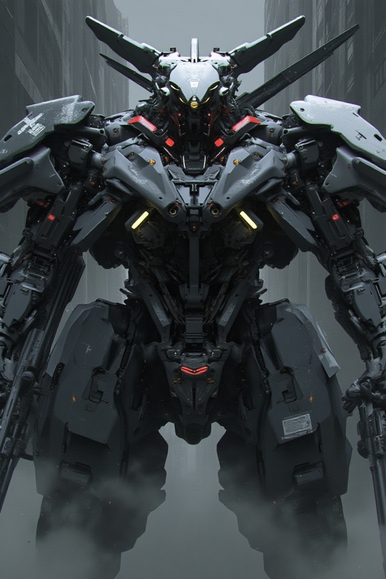 A massive mech A massive cybernetic mech warrior,  with armor made of black and white metal and red details,  armed to the...