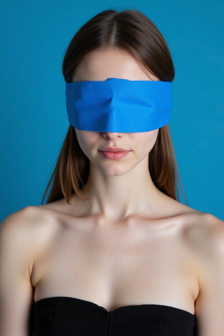 A young woman with long,  straight,  dark brown hair is blindfolded with a bright blue cloth that covers her eyes. She has...
