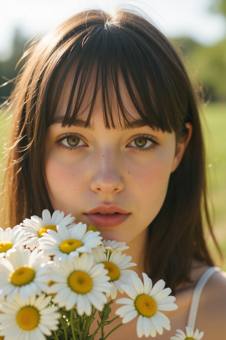 A close-up photograph of a young woman with fair skin and straight,  dark brown hair with bangs,  holding a bouquet of whi...