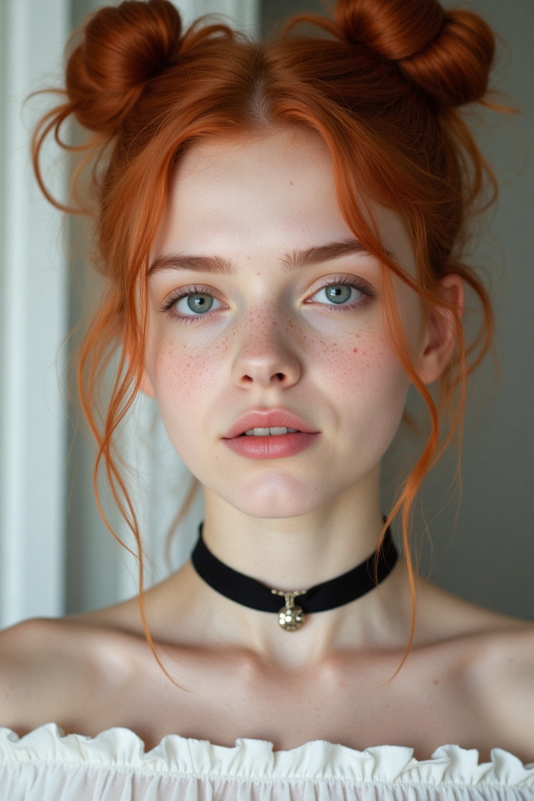 Close-up capture of a ravishing young woman with fiery red locks styled in high buns,  loose tendrils framing her porcelai...