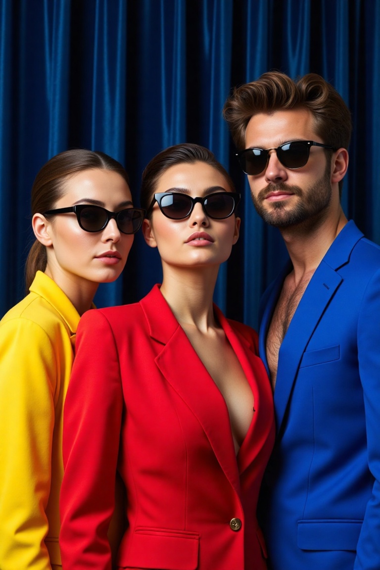 A stylish and fashionable trio poses against a deep blue curtain backdrop,  exuding confidence and elegance. Each individu...