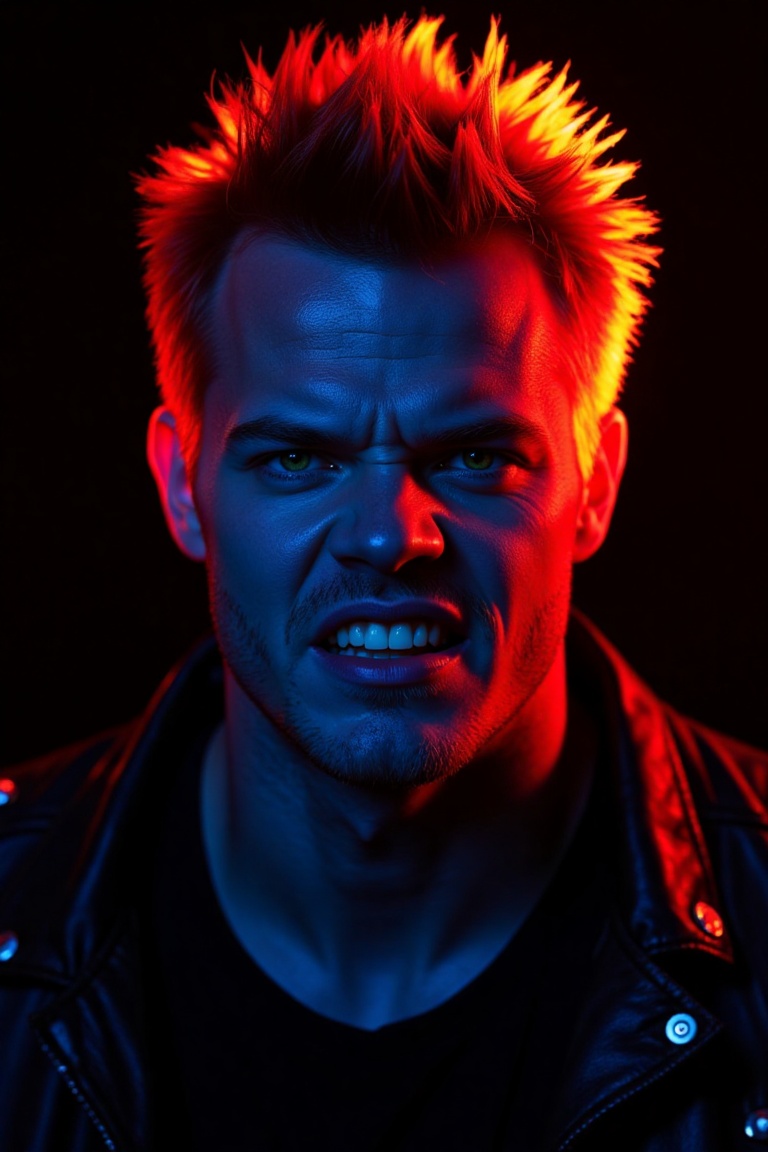 Photograph of a man with a fierce expression,  illuminated by vibrant red and orange lights. He has short,  spiky red hair...