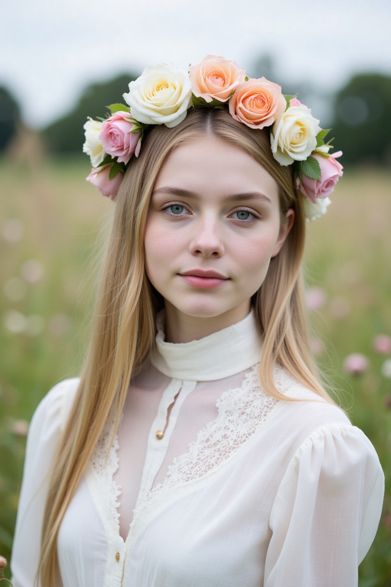 A photograph of a young woman with pale skin and long,  straight,  blonde hair on Tensor.Art