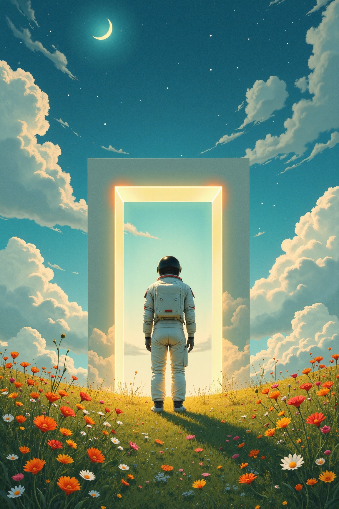 A digital painting in a surreal,  dreamlike style featuring a lone astronaut standing in the center of a vibrant,  colorfu...