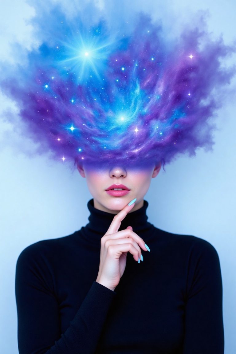A digital painting of a person with their face obscured by a swirling,  ethereal mass of blue and purple hues,  resembling...