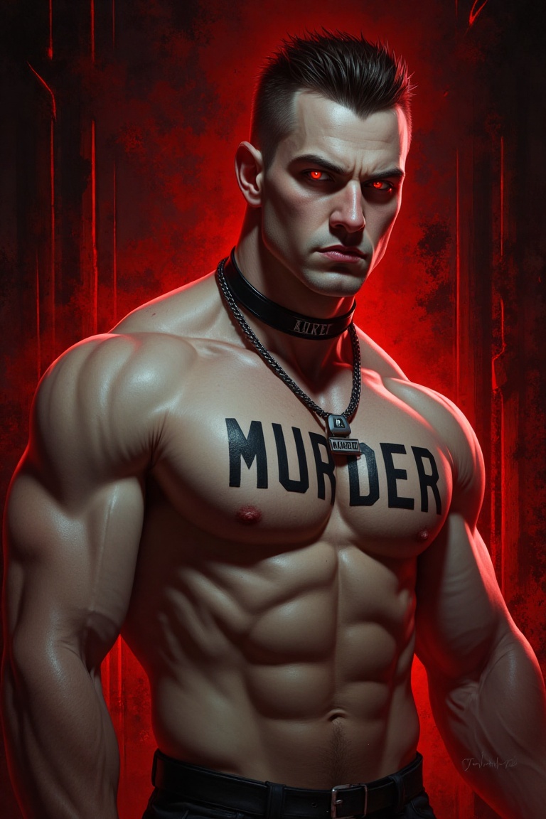 A digital painting of a muscular man with a stern expression,  wearing a black leather choker and a silver necklace with t...