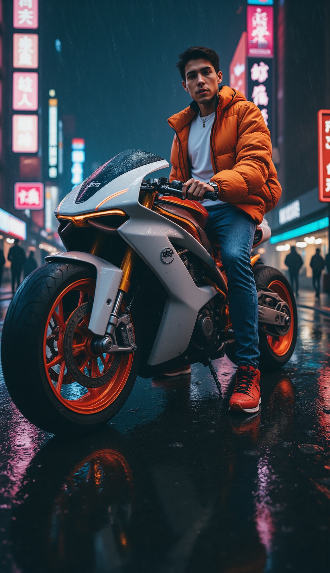 Intense,  multicolored neon light from a futuristic cityscape brightly illuminates a man's face in a slightly low angle ma...