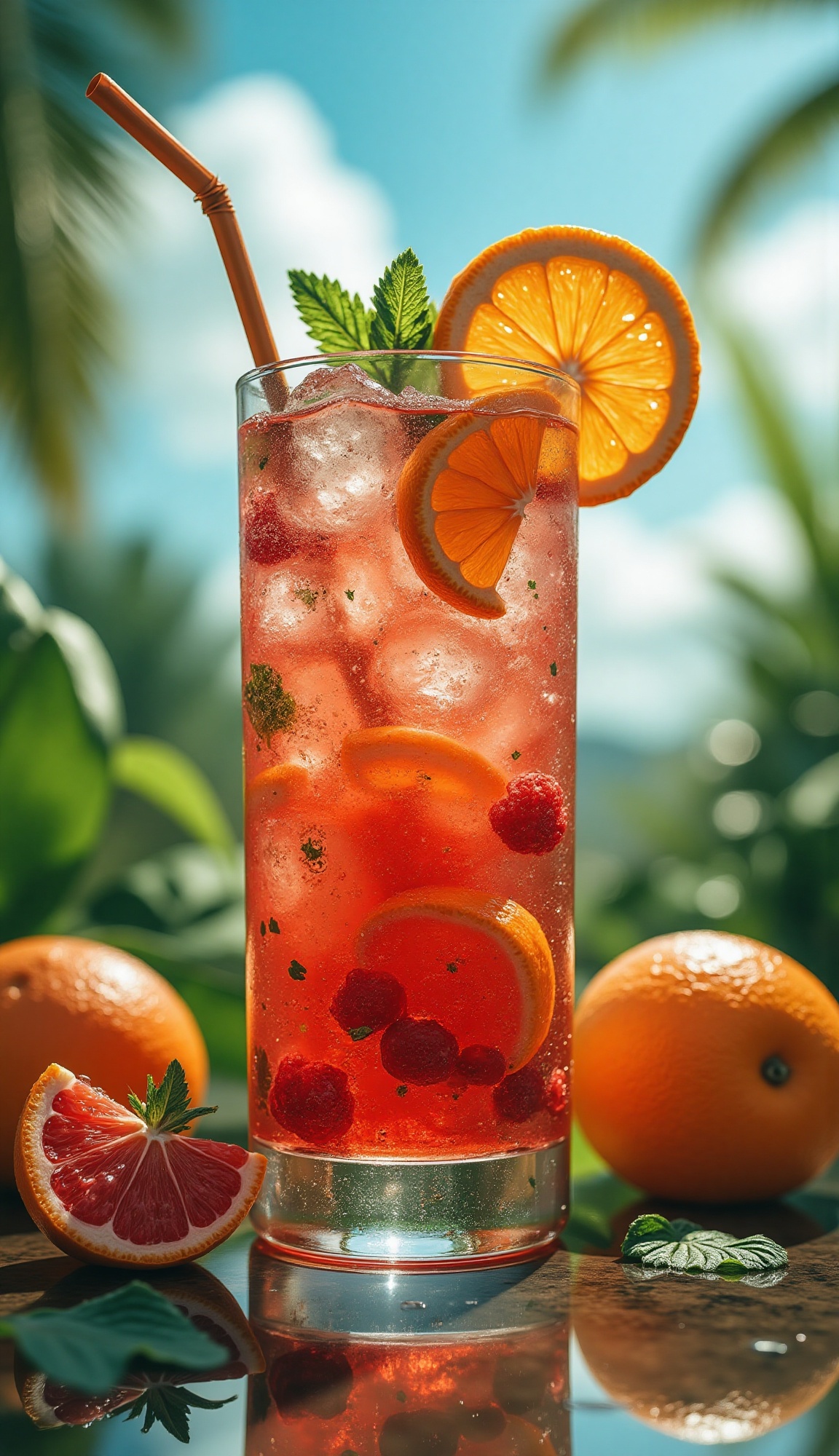 Bright,  natural sunlight from above and slightly behind illuminates a tall glass in a close-up,  slightly low angle macro...