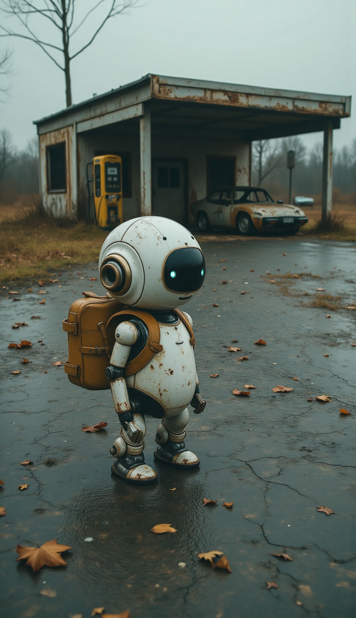 Soft,  overcast light permeates a scene featuring a small humanoid robot in a medium shot slightly from a low angle,  reve...