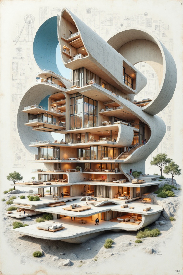 "Create an abstract design collage inspired by modernist deconstructivist architecture,  modern house section with large g...