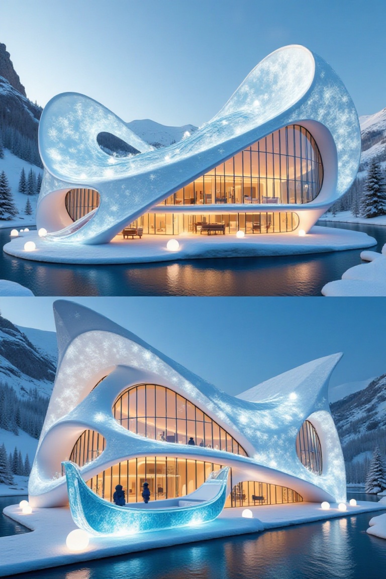 There are two perspective pictures on top and bottom,  one is Snowflakes and ice crystals form a modern greenhouse like gl...