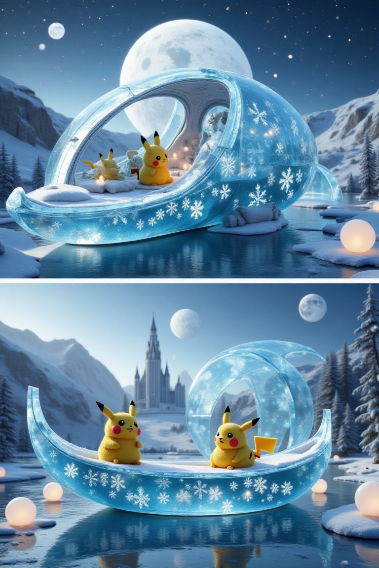 There are two glass section pictures on top and bottom,  one is Snowflakes and ice crystals form a spaceship section with...