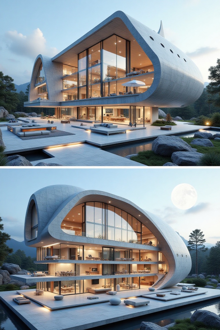 There are two modern design perspective views above and below,  One is beautiful and modern house like spaceship with long...