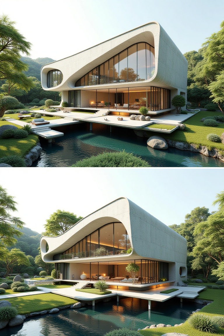 There are two modern perspective pictures on top and bottom: one is a modern glass house with section,  beautiful trees an...