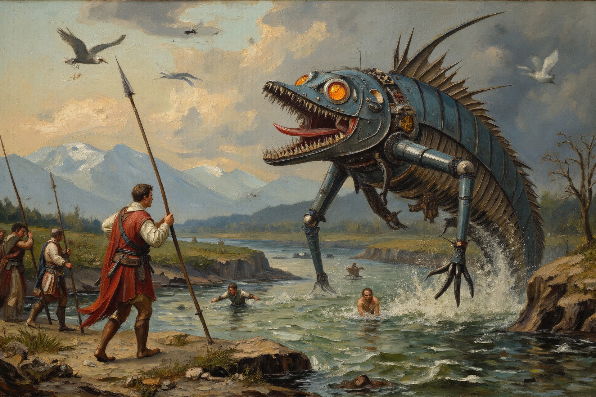 **Title: The Battle with the Mechanical Beast** **Concept and Inspiration:** Create an oil painting in the style of the Du...