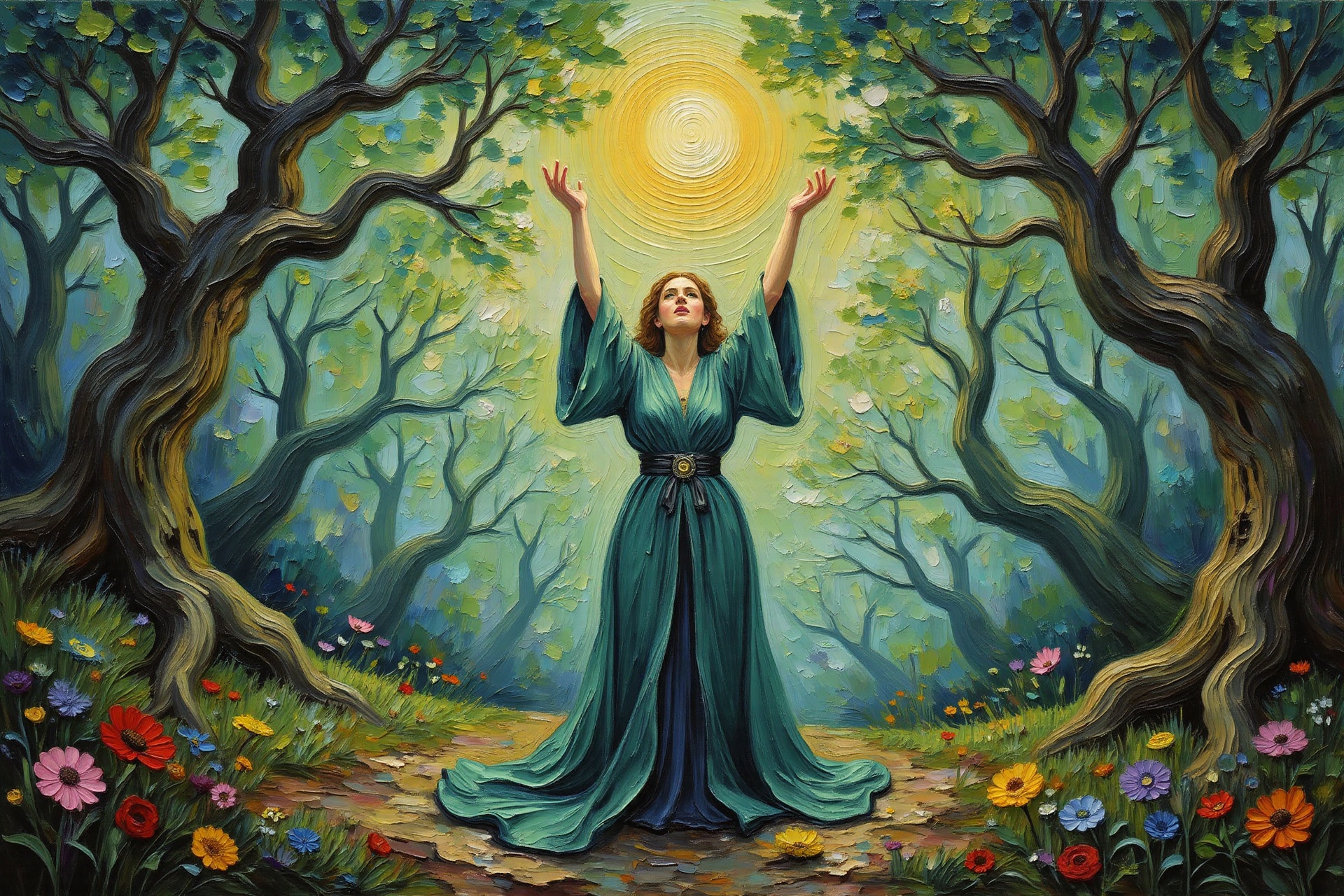 **Title:** "The Forest Sorceress" **Medium:** Oil on canvas,  with a focus on impasto and scumbling techniques to achieve...