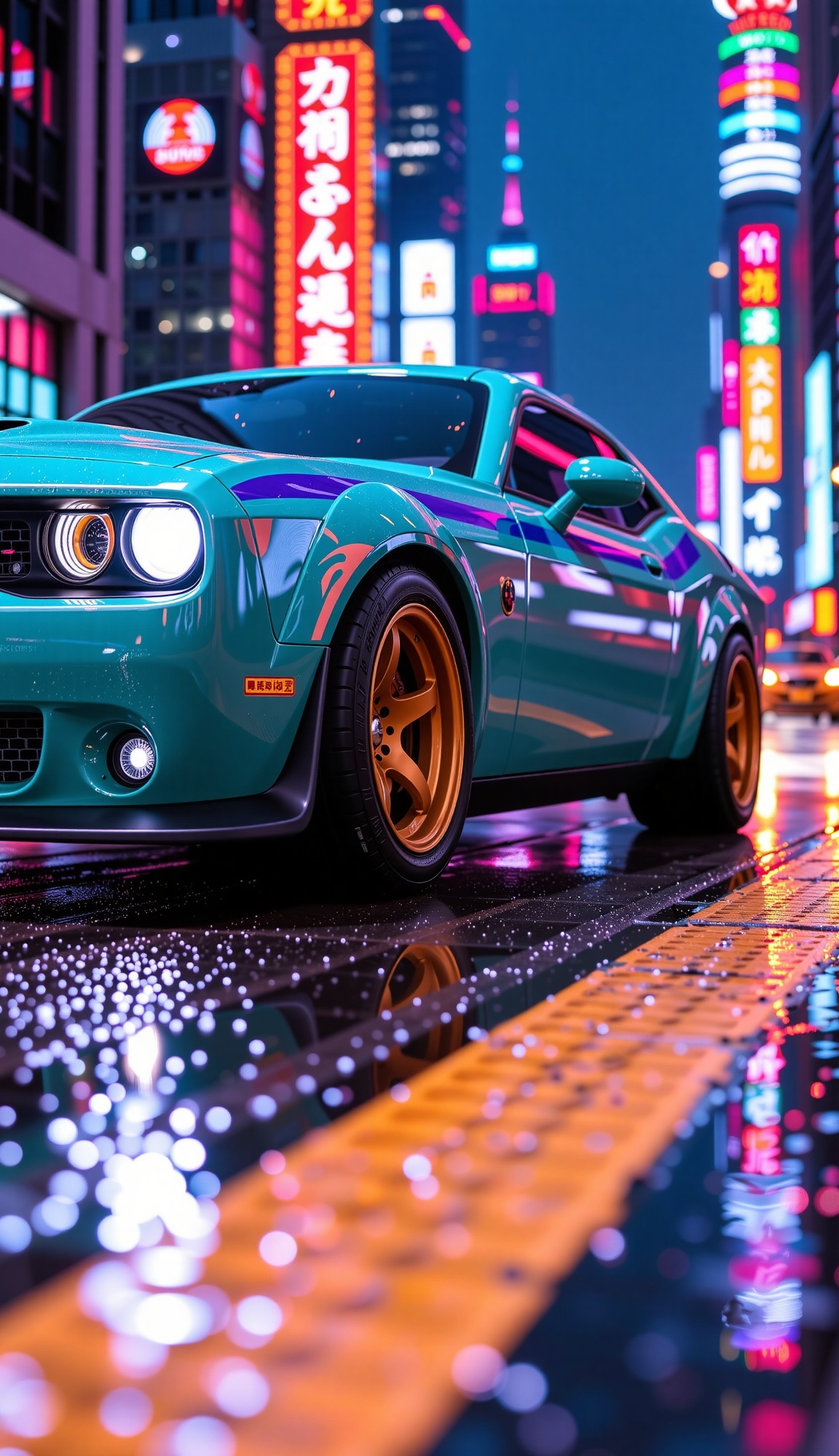 Intense,  vibrant neon light from the surrounding cityscape strongly illuminates a stylized teal and purple muscle car in...