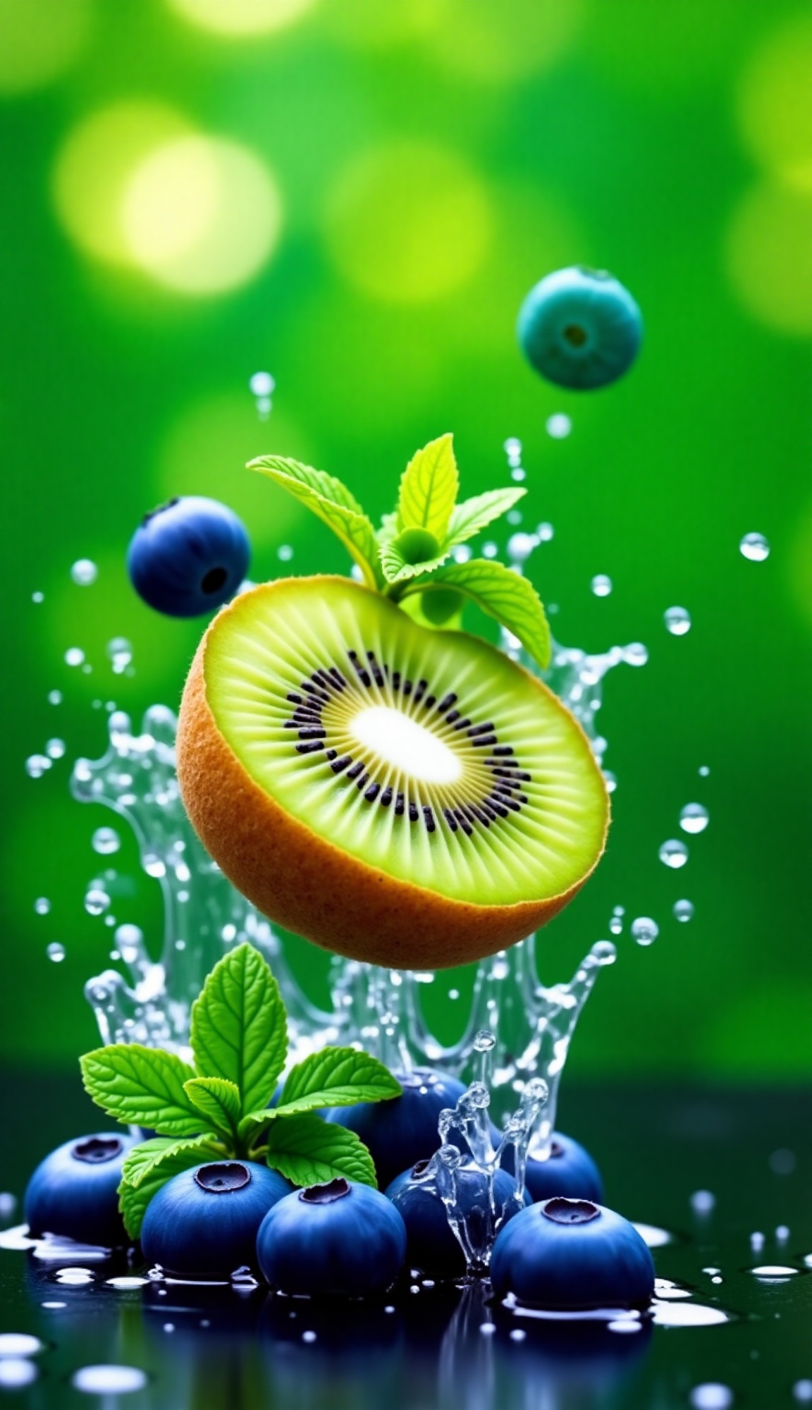 A dynamic,  mid-air shot features a vibrant green,  halved kiwi fruit with its characteristic black seeds on Tensor.Art