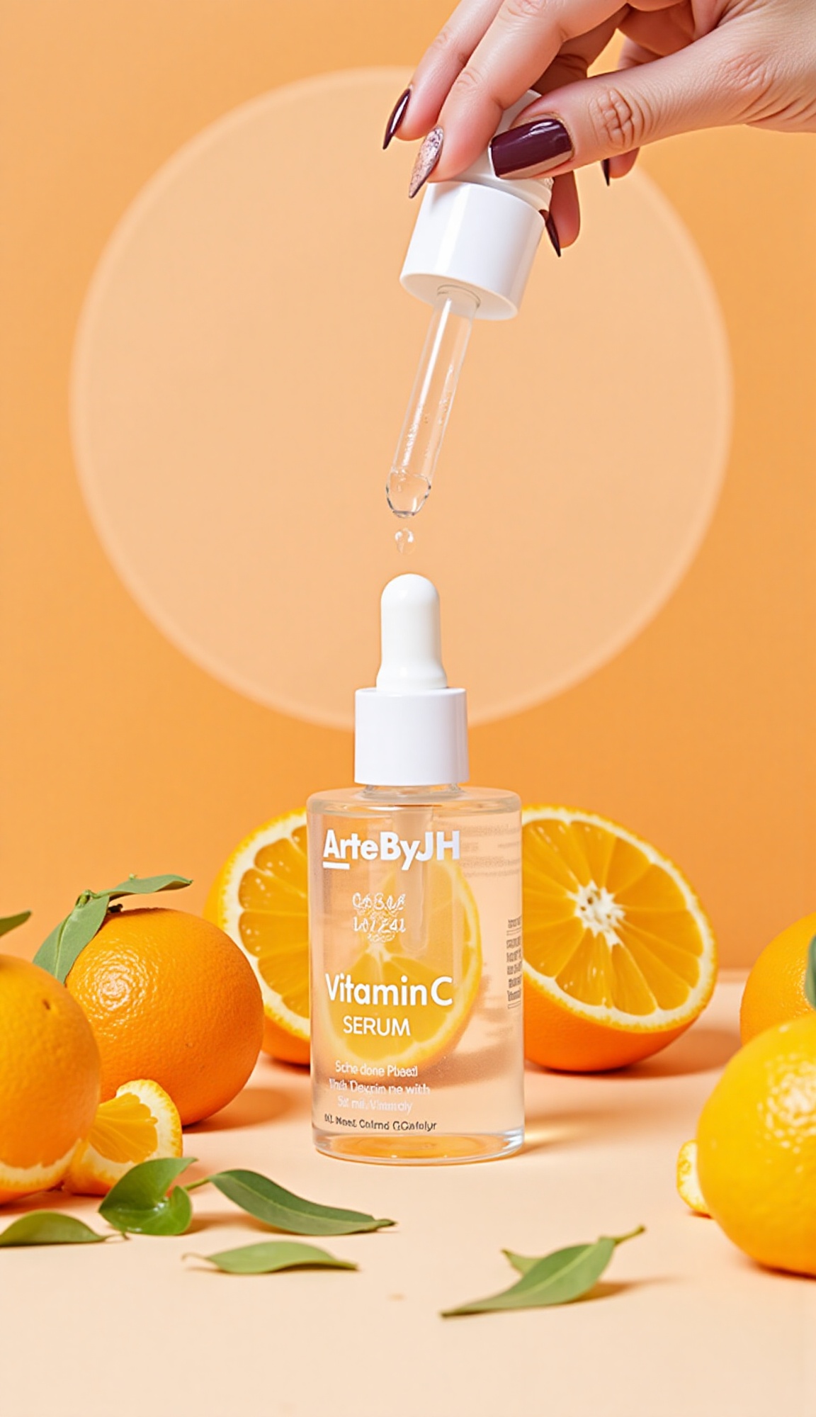 A vibrant,  close-up product shot features a clear glass bottle of 'ArteByJH Vitamin C Serum' with a white dropper cap. A...