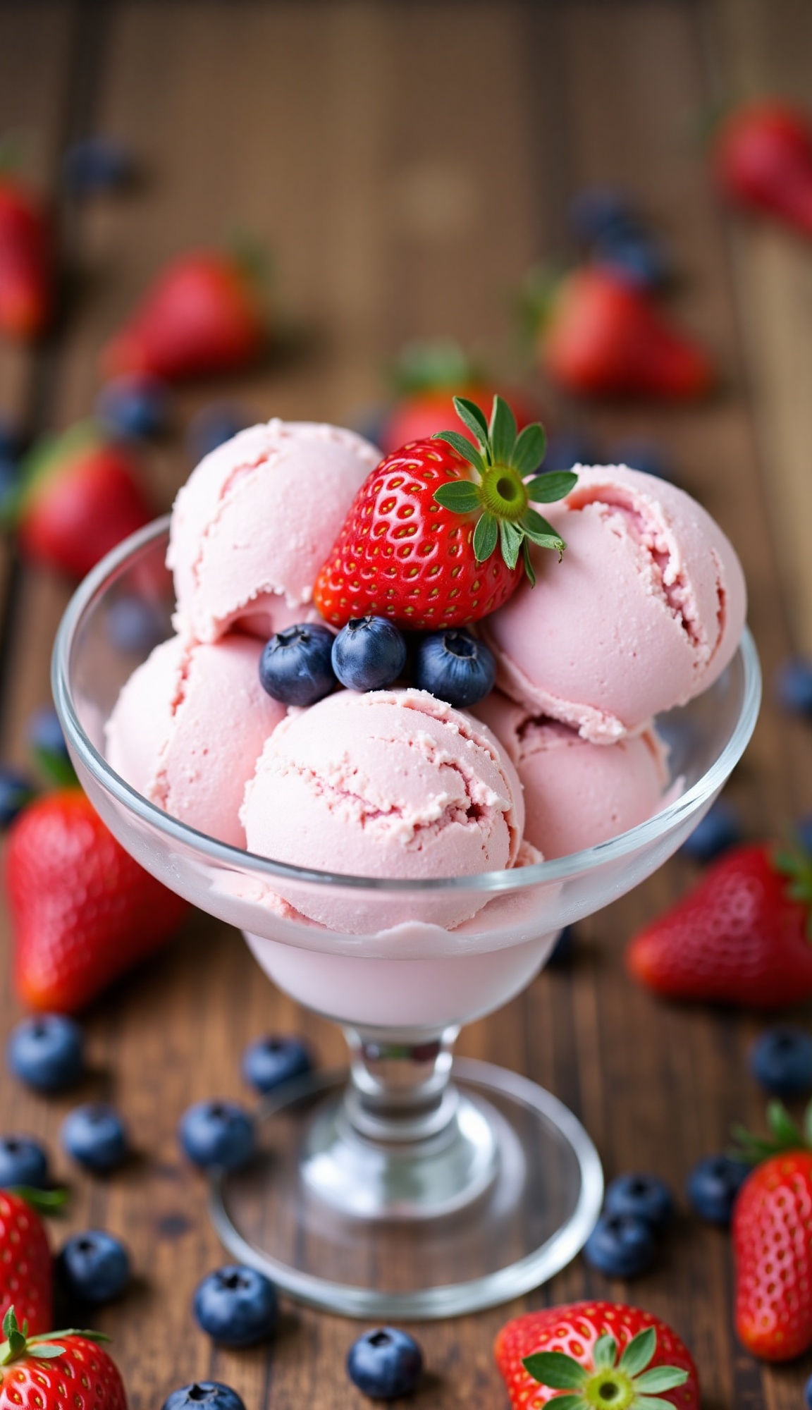 A close-up shot features a clear glass dessert dish filled with scoops of light pink strawberry ice cream,  topped with se...