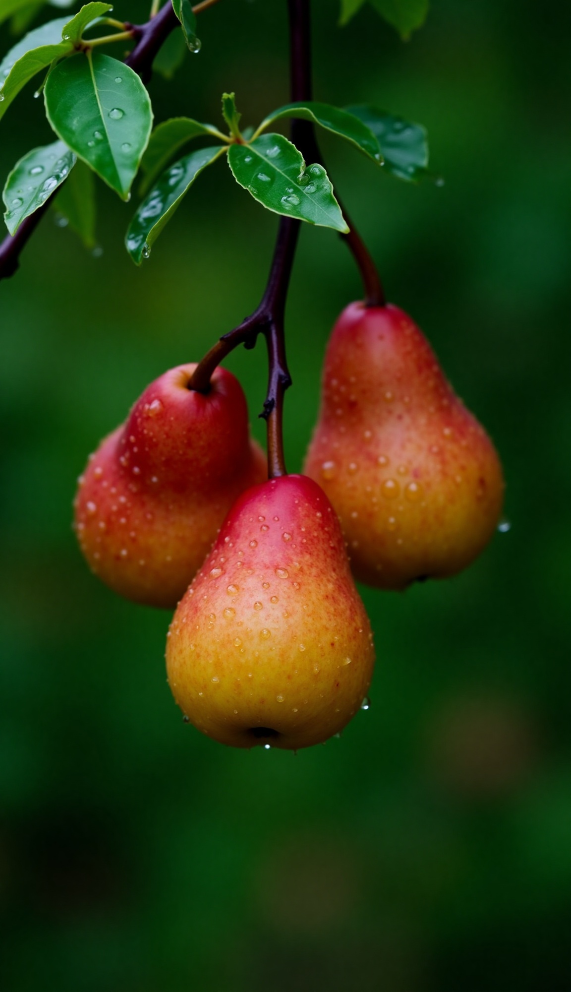 A close-up shot captures three ripe pears hanging from a dark,  wet branch,  surrounded by lush green leaves. The pears ex...