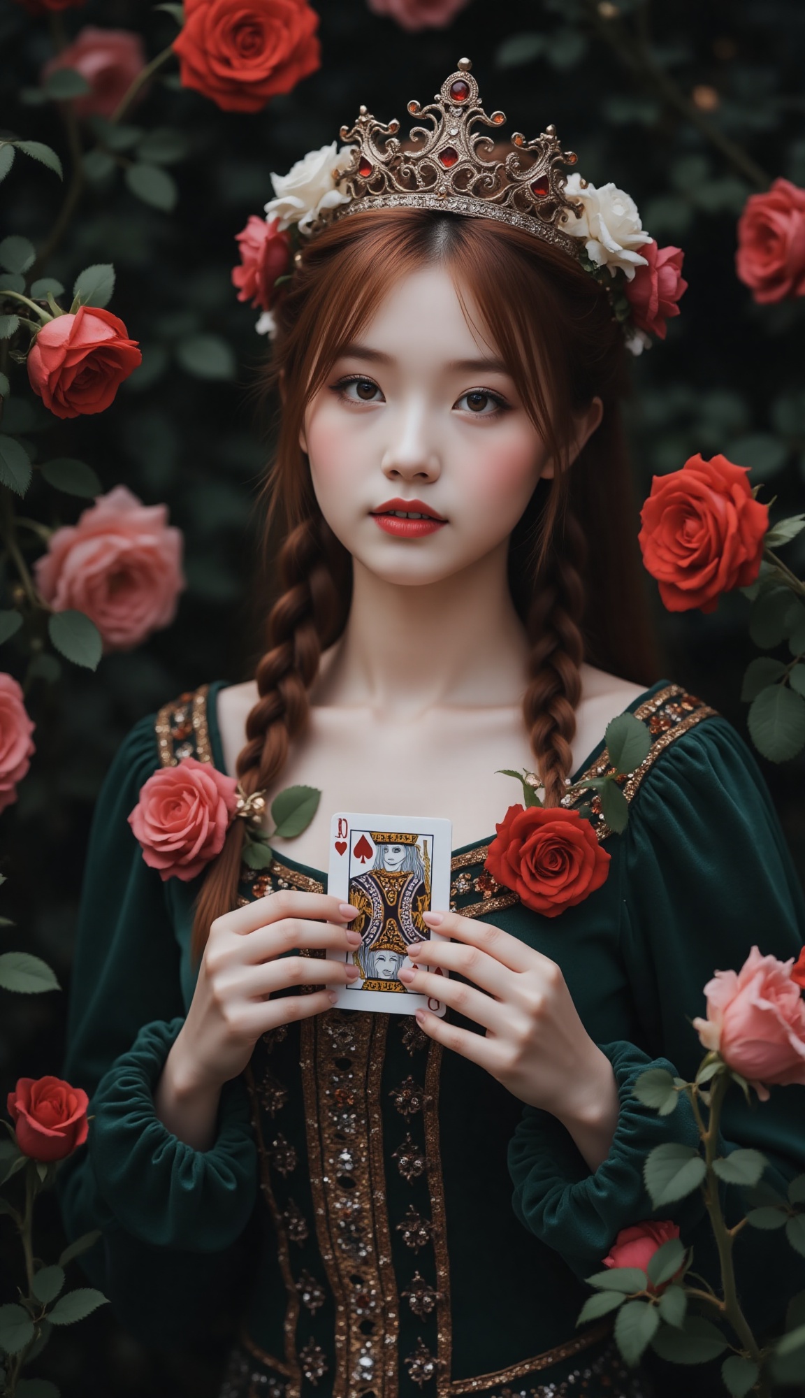 Soft,  diffused light filters through surrounding roses to illuminate a young woman's face in a medium shot slightly from...