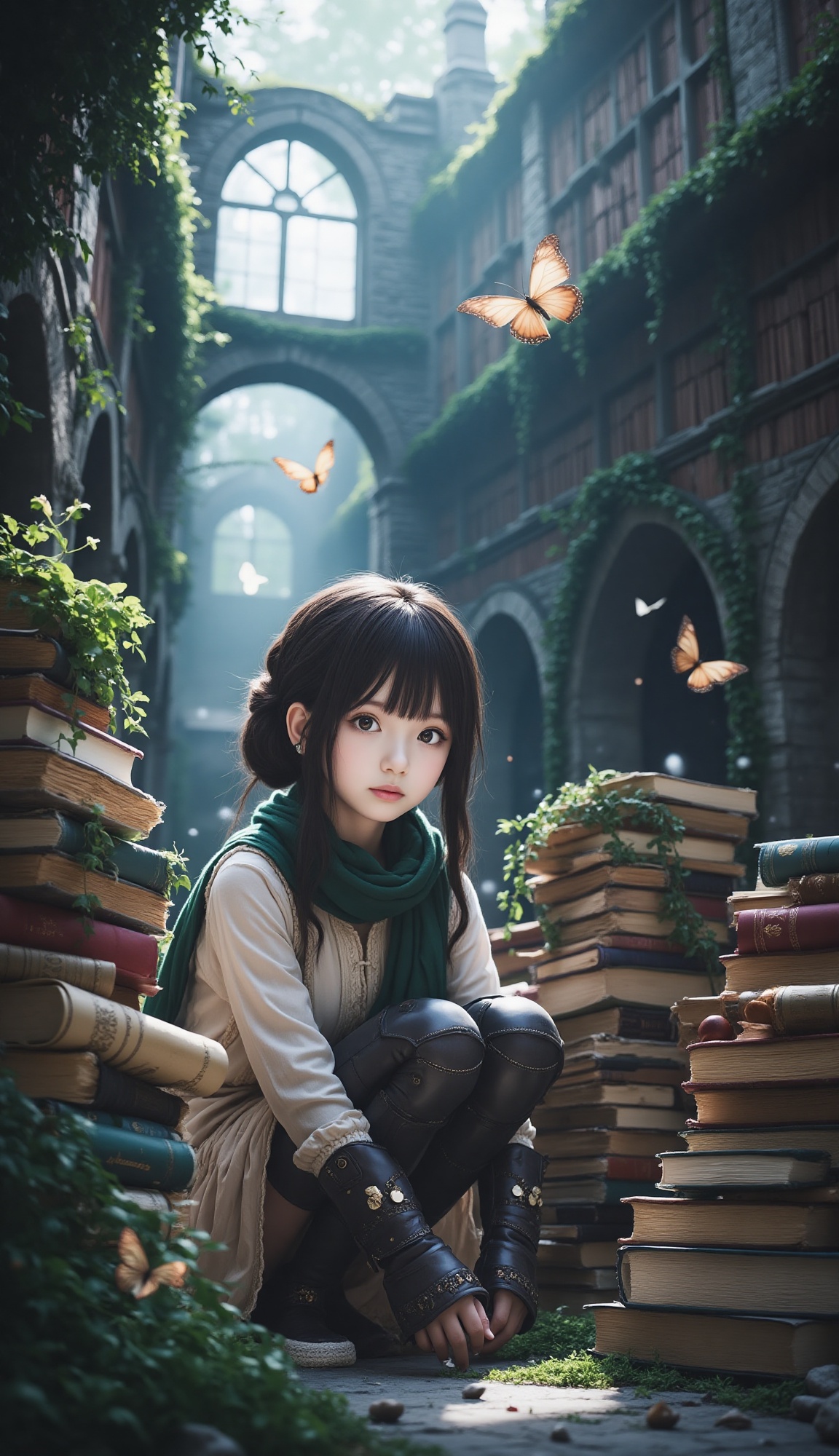 Soft,  ambient light from arched background windows gently illuminates a young anime-style girl in a medium shot slightly...