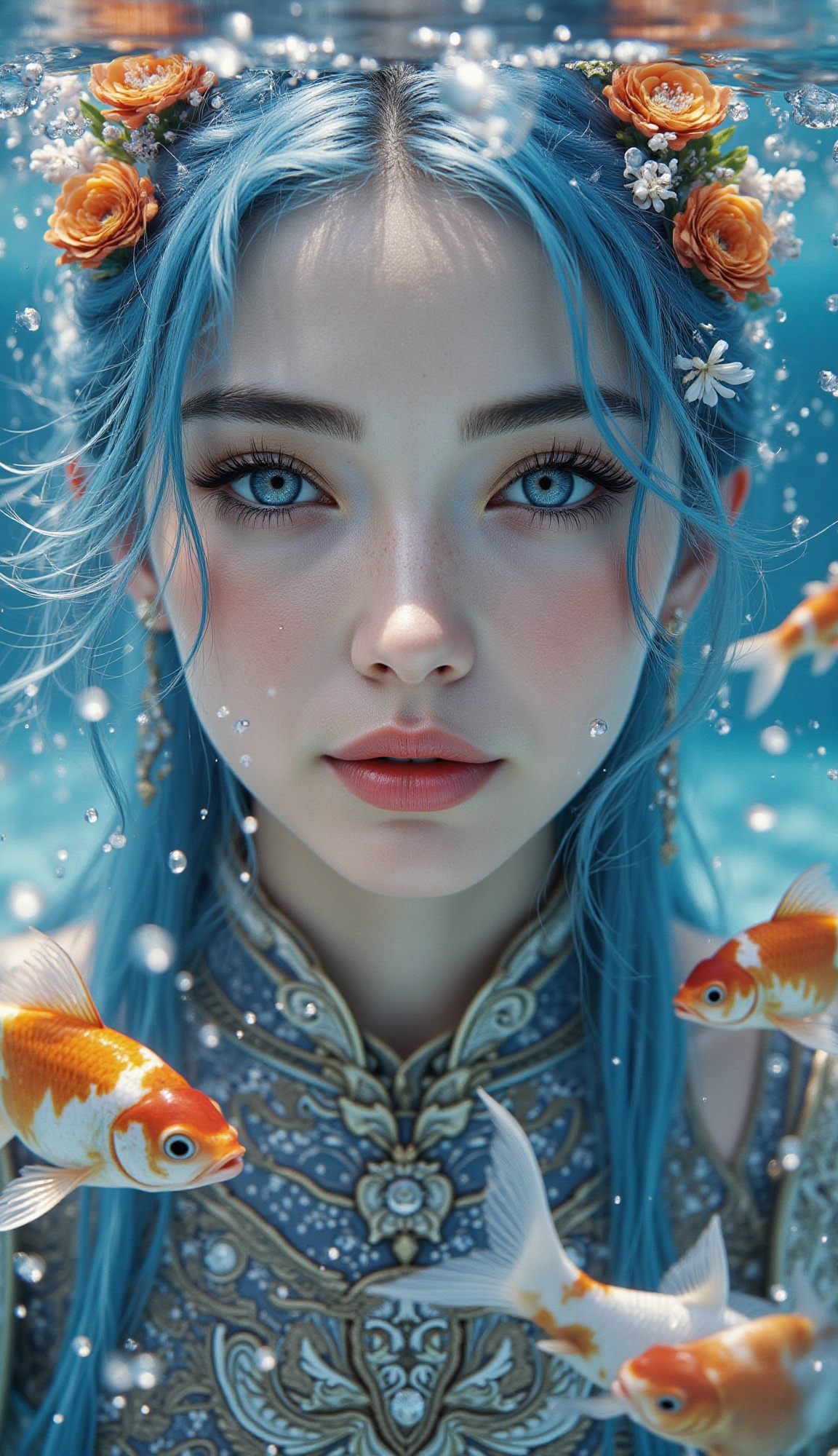 Bright,  diffused light from above the water's surface illuminates a young Japanese warrior woman's face in a close-up wit...