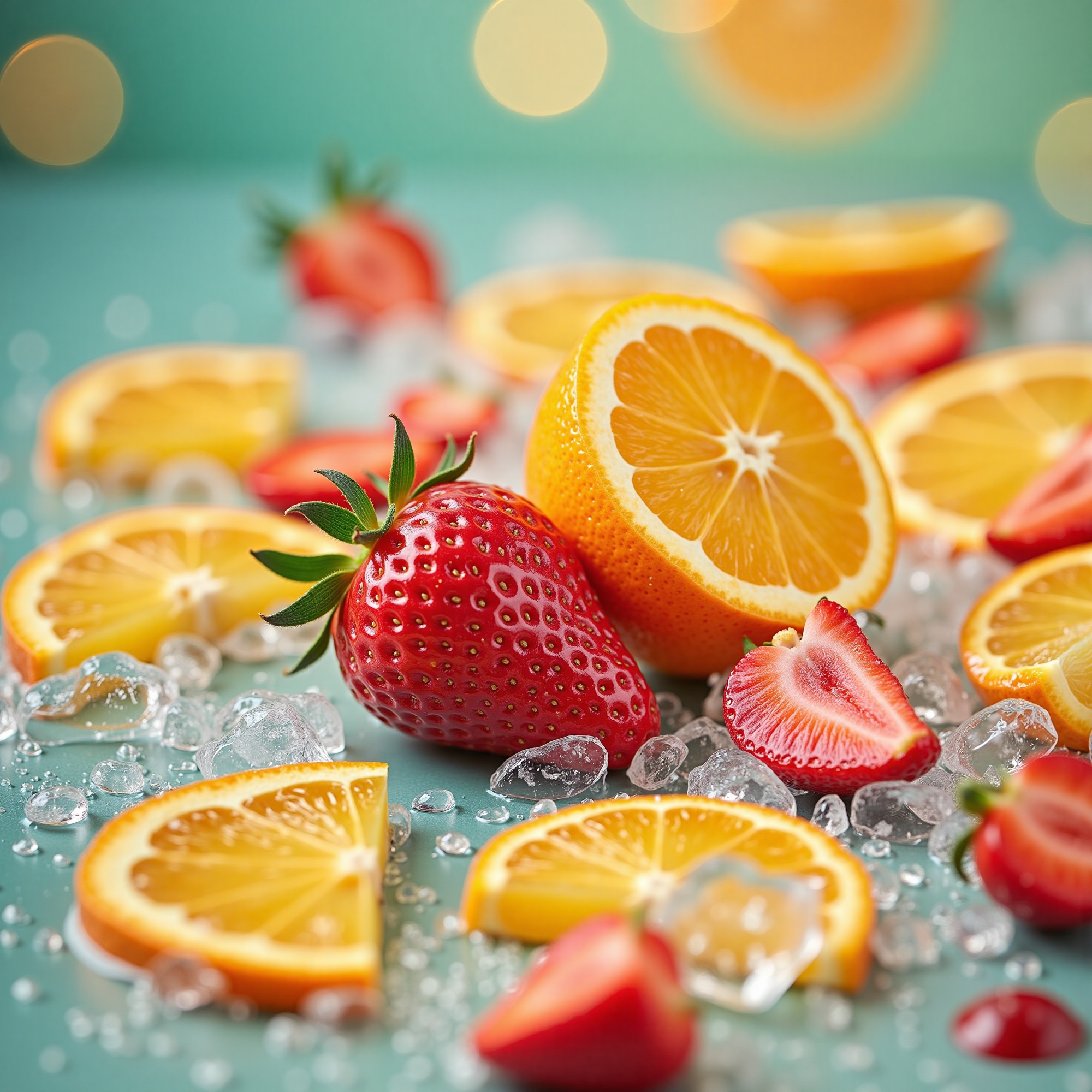 A vibrant,  close-up shot focuses on a single,  perfectly ripe strawberry with its green leafy top and a halved on Tensor.Art