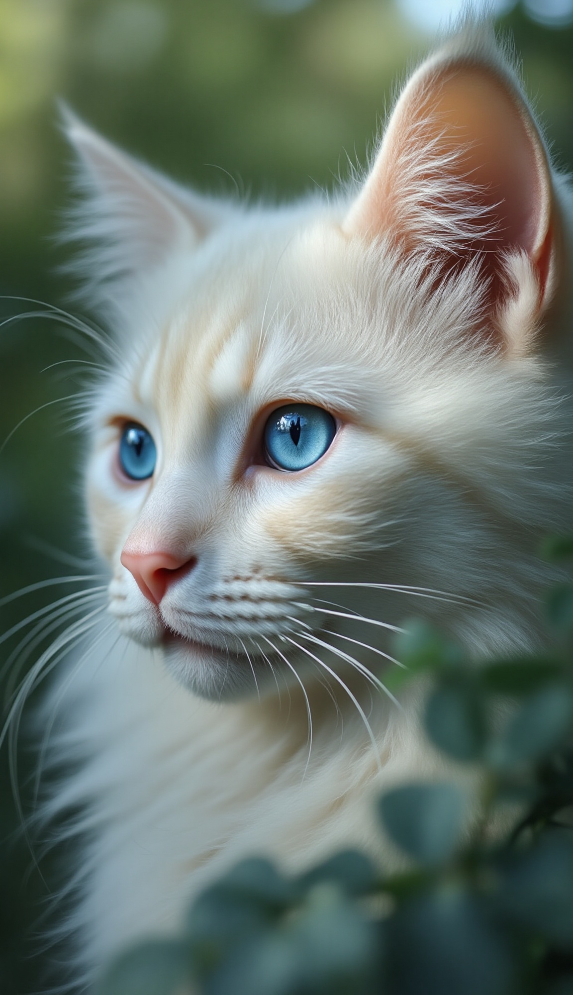 A breathtaking close-up captures the serene face of a fluffy white cat with striking,  sapphire-blue eyes. Every strand of...