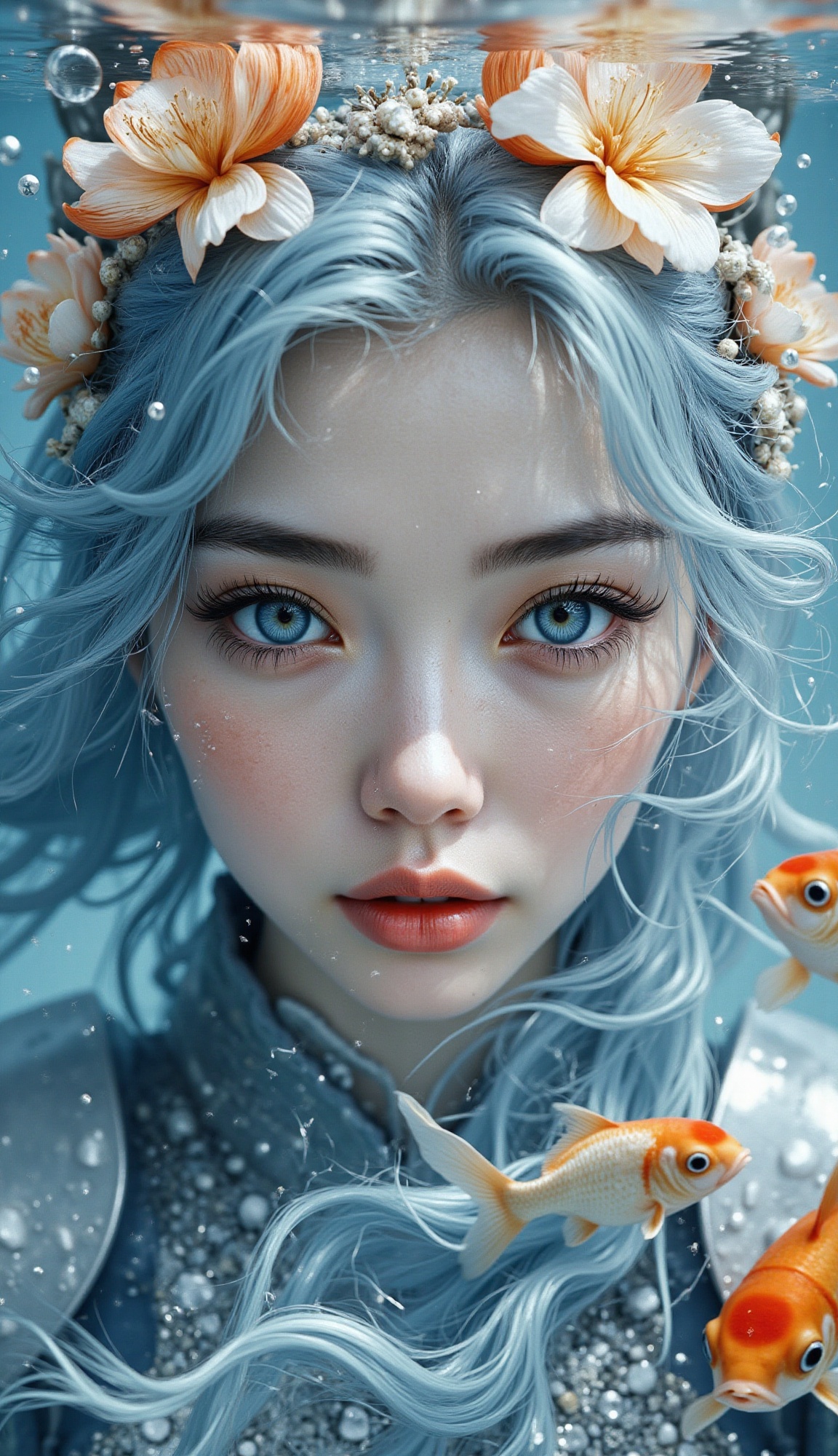 Bright,  diffused light from above the water's surface illuminates a young Japanese warrior woman's face in a close-up wit...