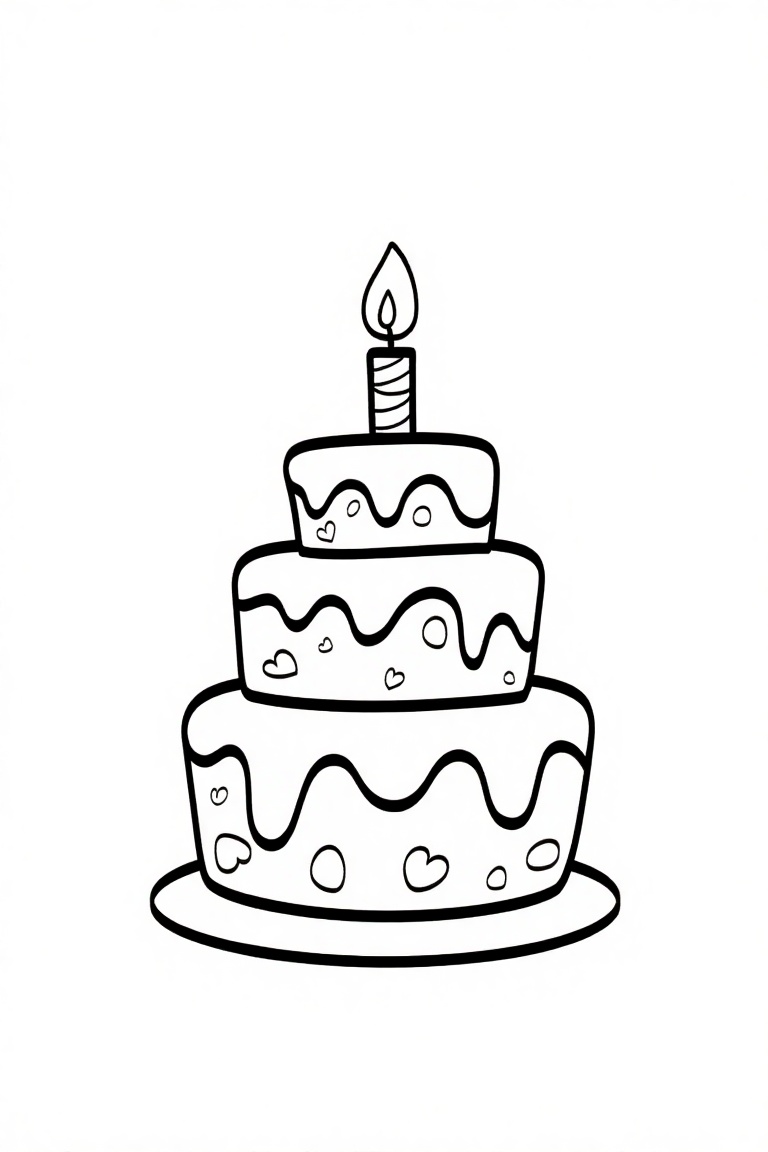 funnyworld_e14,  a cute birthday 3-tiered kawaii cake with candles,  cartoon style on Tensor.Art