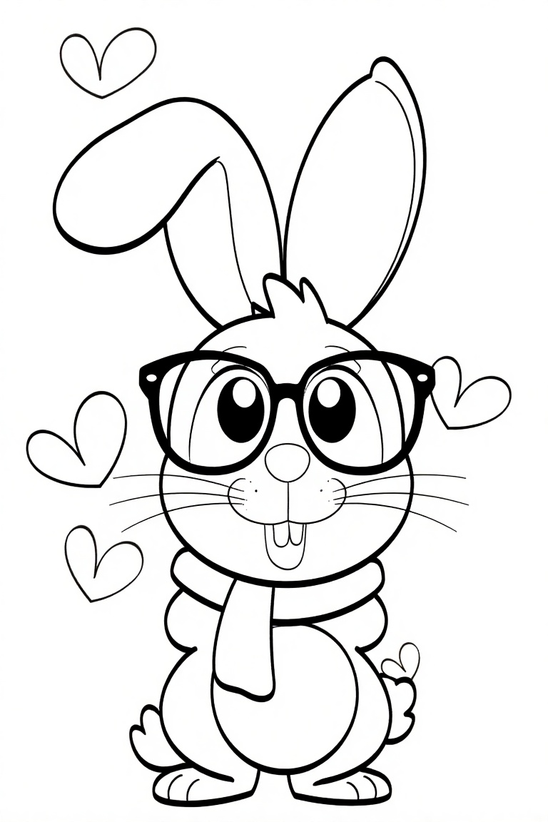 a happy bunny with glasses and scarf,  funnybunny_coloring,  coloringbook style on Tensor.Art