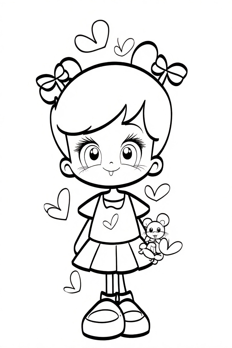 "funnyworld_e14,  a cute princess with butterfly hair clips and a pleated dress,  with a tiny mouse peeking from her pocke...