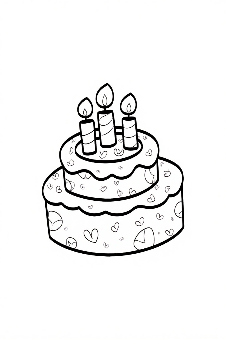 "funnyworld_e14,  a cute and delicious three-tiared cake whit cream and 4candles,  thick bold black outlines on Tensor.Art