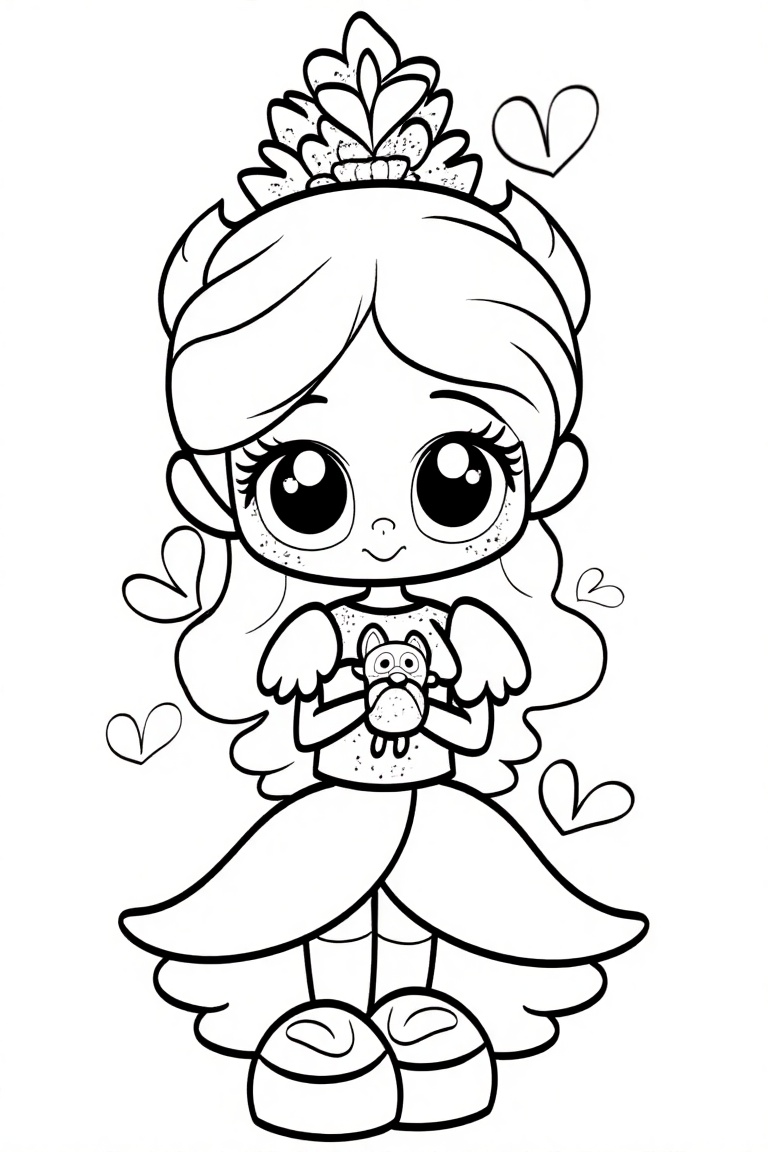 "funnyworld_e14,  a cute princess with a flower crown and flowing gown with ruffles,  carrying a tiny kitten in her arms o...