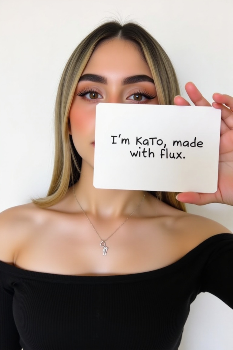 This is a photograph of a young woman with long hair. She has a subtle smile. She is holding a white card with black text...